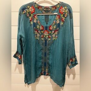 Johnny Was Embroidered Teal Women's Top Large
